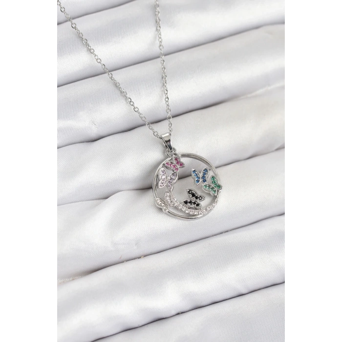 BFS 316L Çelik Zincir Gümüş Renk Zirkon Taşlı Kelebekli Kadın Kolye