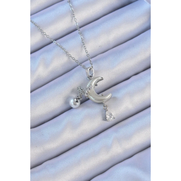 BFS 316L Çelik Zincir Gümüş Renk Zirkon Taşlı Kelebekli Mineli Ay Kolye