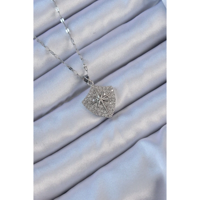 BFS 316L Çelik Zincir Gümüş Renk Zirkon Taşlı Kutup Yıldızı Kolye