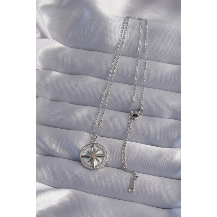 BFS 316L Çelik Zincir Gümüş Renk Zirkon Taşlı Kutup Yıldızı Kolye