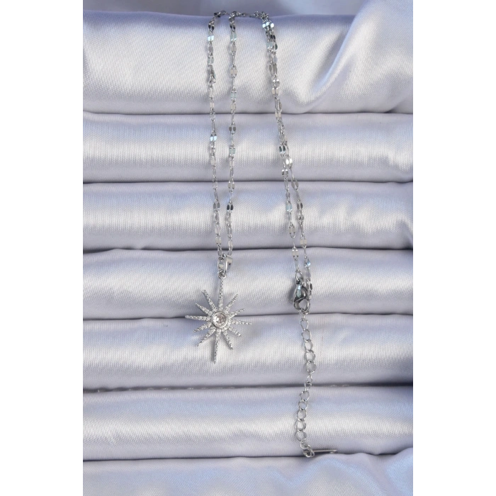BFS 316L Çelik Zincir Gümüş Renk Zirkon Taşlı Kutup Yıldızı Kolye