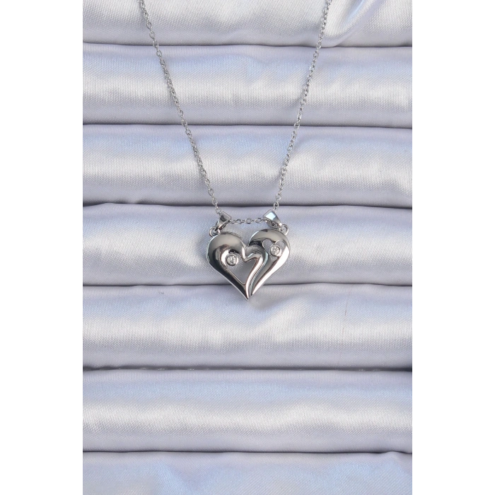 BFS 316L Çelik Zincir Gümüş Renk Zirkon Taşlı Mıknatıslı Kalp Kolye