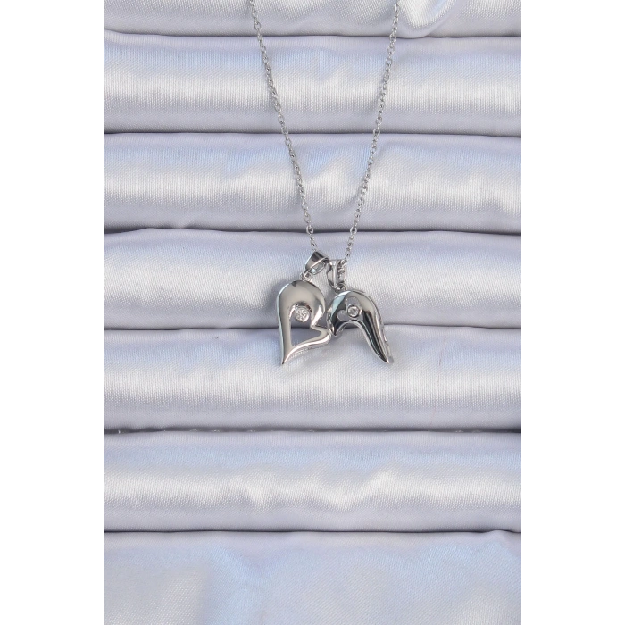 BFS 316L Çelik Zincir Gümüş Renk Zirkon Taşlı Mıknatıslı Kalp Kolye