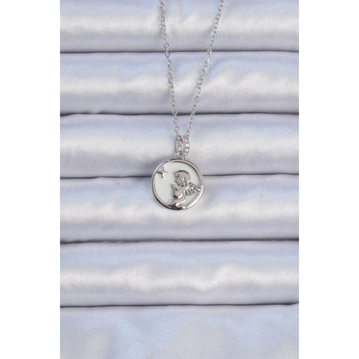 BFS 316L Çelik Zincir Gümüş Renk Zirkon Taşlı Mineli Melek Kolye