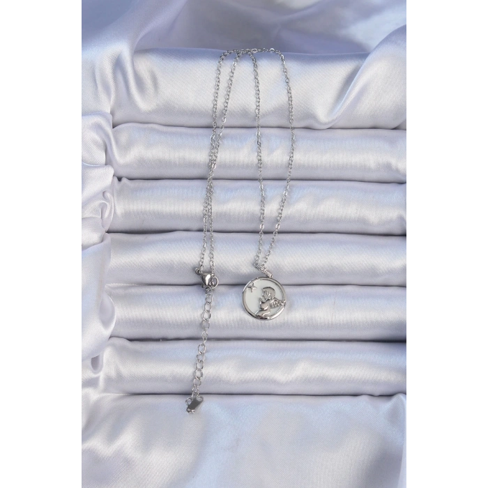 BFS 316L Çelik Zincir Gümüş Renk Zirkon Taşlı Mineli Melek Kolye