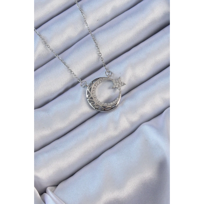 BFS 316L Çelik Zincir Gümüş Renk Zirkon Taşlı Motifli Ay Yıldız Kolye
