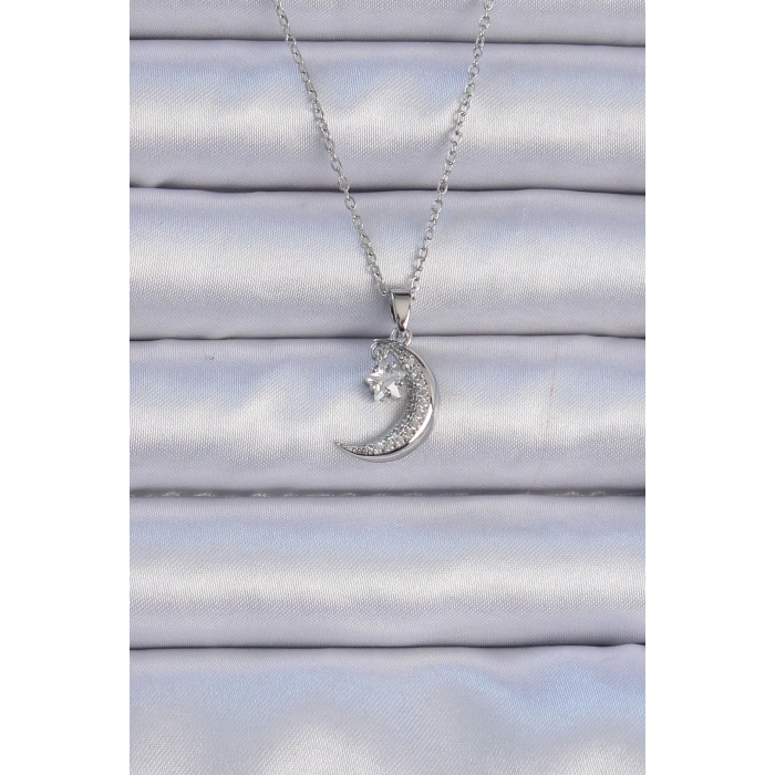 BFS 316L Çelik Zincir Gümüş Renk Zirkon Taşlı Sallantılı Ay Yıldız Kolye
