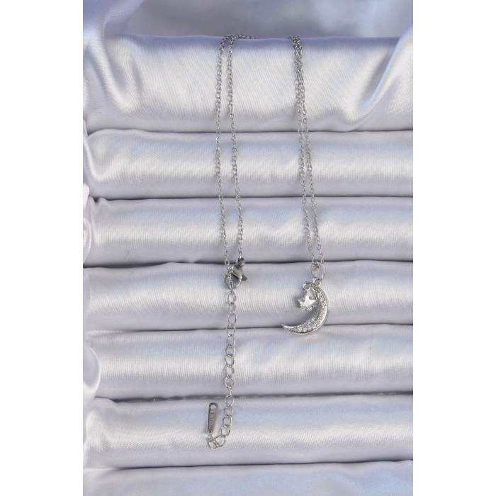 BFS 316L Çelik Zincir Gümüş Renk Zirkon Taşlı Sallantılı Ay Yıldız Kolye