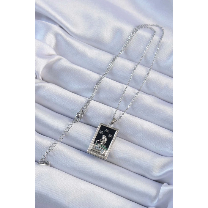 BFS 316L Çelik Zincir Gümüş Renk Zirkon Taşlı Siyah Mineli Kız Figürlü Tarot Kolye