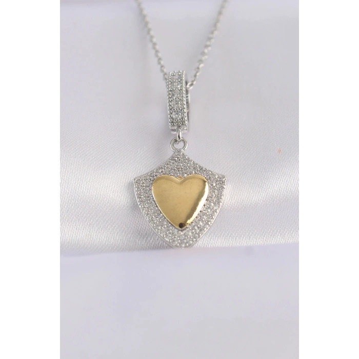 BFS 316L Çelik Zincir Gümüş Renk Zirkon Taşlı Tasarım Altın Renk Kalp Kolye
