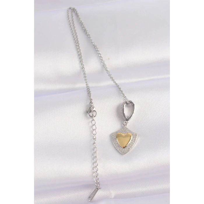 BFS 316L Çelik Zincir Gümüş Renk Zirkon Taşlı Tasarım Altın Renk Kalp Kolye