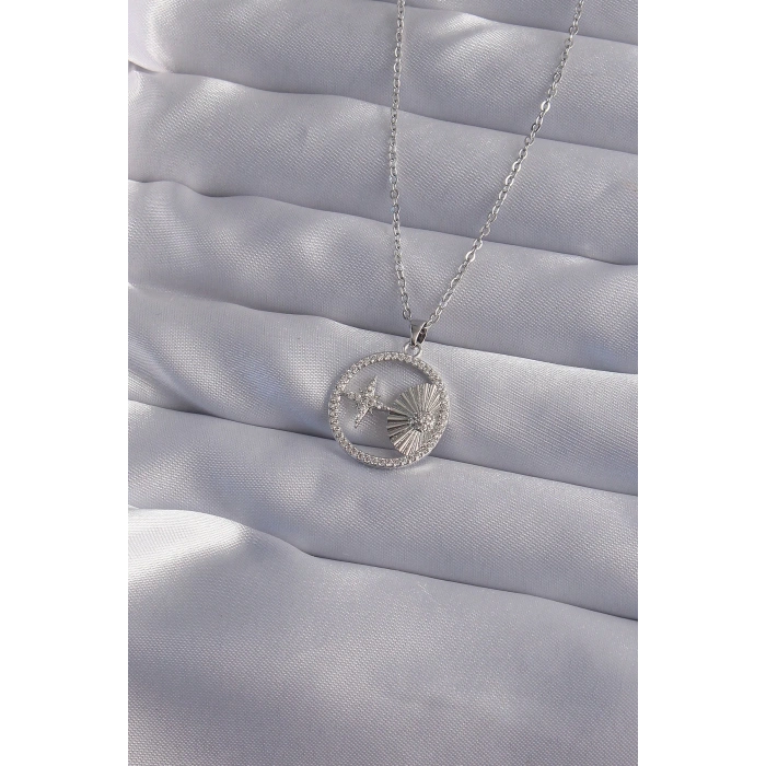 BFS 316L Çelik Zincir Gümüş Renk Zirkon Taşlı Yıldız Figürlü Oval Kolye