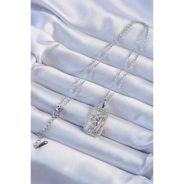 BFS 316L Çelik Zincir Gümüş Renk Zirkon Taşlı Yüz Figürlü Tarot Kolye