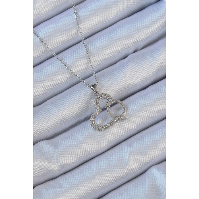 BFS 316L Çelik Zincir Gümüş Renk Zirkon Taşlı Yüzüklü Kalp Kolye