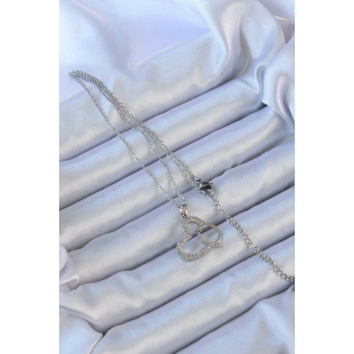 BFS 316L Çelik Zincir Gümüş Renk Zirkon Taşlı Yüzüklü Kalp Kolye