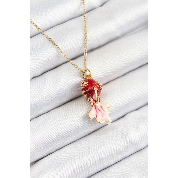 BFS 316L Çelik Zincir Kırmızı Balık Model Gold Renk Kadın Kolye