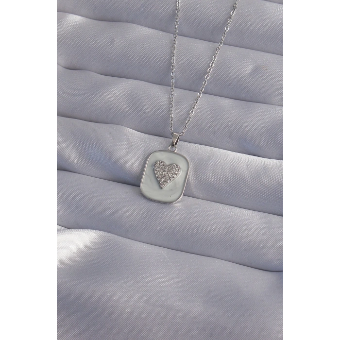 BFS 316L Çelik Zincir Mermer Desenli Gümüş Renk Zirkon Taşlı Kalp Model Kolye