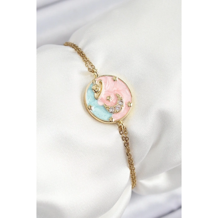 BFS 316L Çelik Zincir Mineli Sanatsal Portre Zirkon Taşlı Gezegen Model Gold Renk Kadın Bileklik