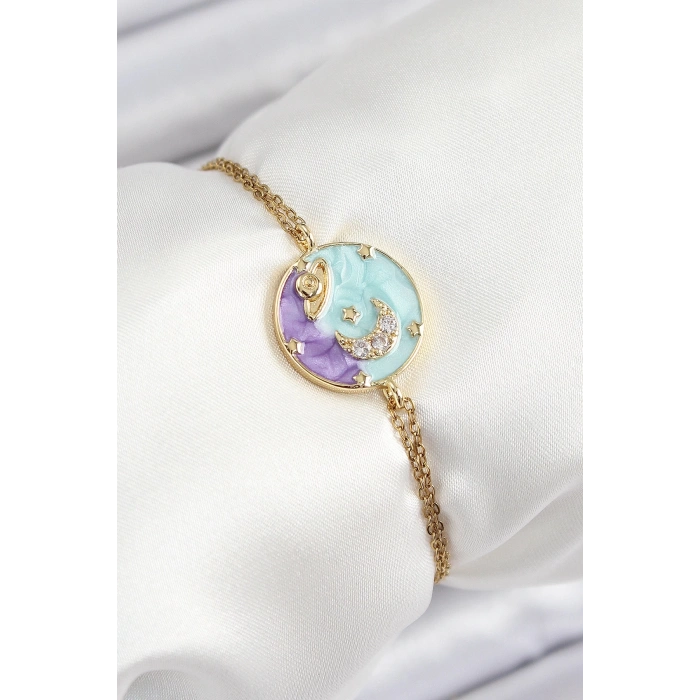 BFS 316L Çelik Zincir Mineli Sanatsal Portre Zirkon Taşlı Gezegen Model Gold Renk Kadın Bileklik