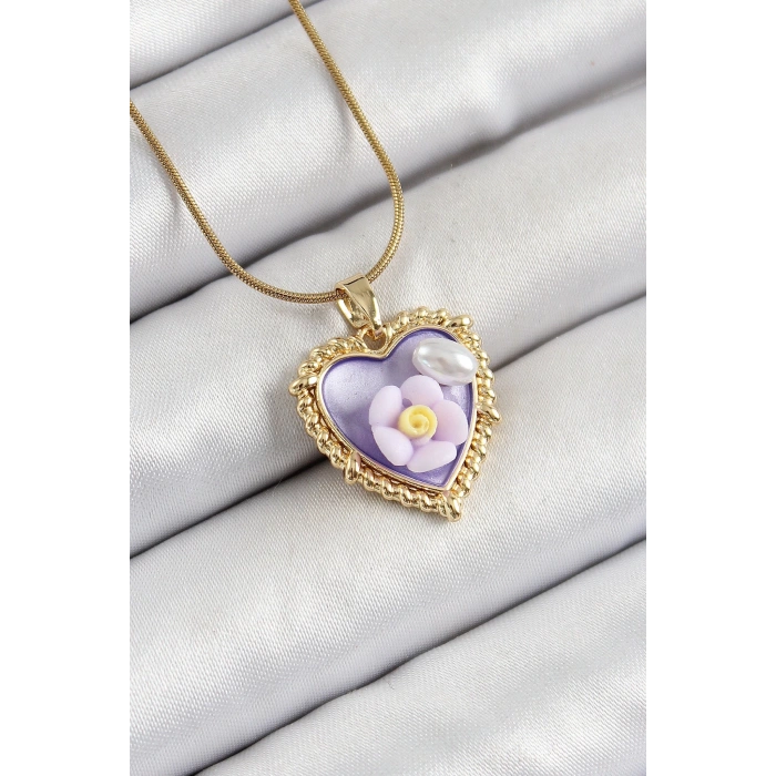 BFS 316L Çelik Zincir Mor Sanatsal Portre İnci Detaylı Papatya Figürlü Kalp Model Gold Renk Kadın Kolye