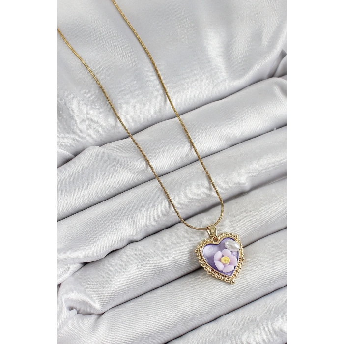 BFS 316L Çelik Zincir Mor Sanatsal Portre İnci Detaylı Papatya Figürlü Kalp Model Gold Renk Kadın Kolye