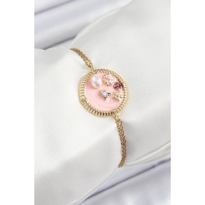 BFS 316L Çelik Zincir Pembe Mineli Sanatsal Portre İnci Detaylı Çiçek Model Gold Renk Kadın Bileklik