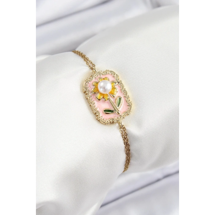 BFS 316L Çelik Zincir Pembe Mineli Sanatsal Portre İnci Detaylı Papatya Model Gold Renk Kadın Bileklik