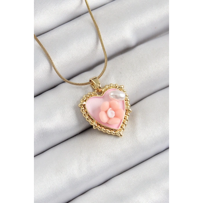 BFS 316L Çelik Zincir Pembe Sanatsal Portre İnci Detaylı Papatya Figürlü Kalp Model Gold Renk Kadın Kolye