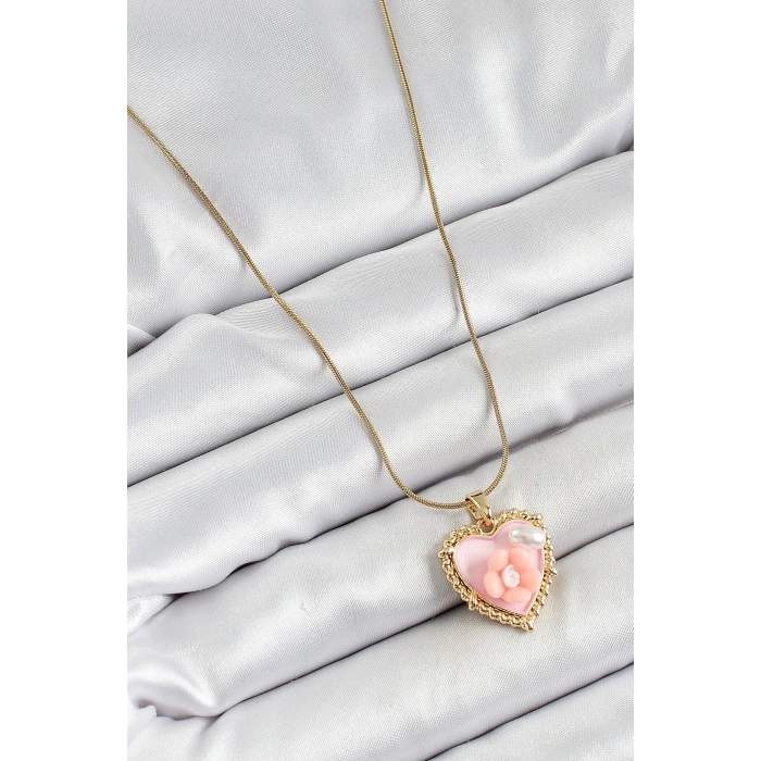 BFS 316L Çelik Zincir Pembe Sanatsal Portre İnci Detaylı Papatya Figürlü Kalp Model Gold Renk Kadın Kolye