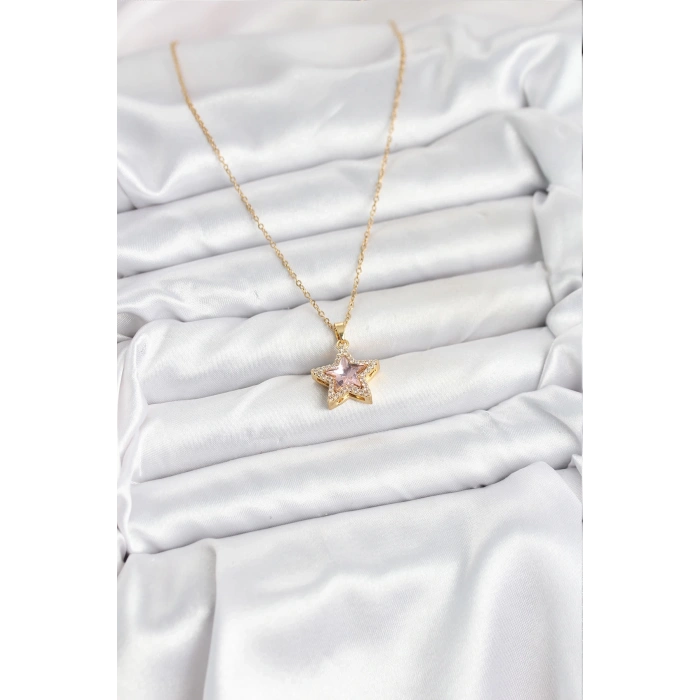 BFS 316L Çelik Zincir Pembe Taşlı Yıldız Model Kadın Kolye