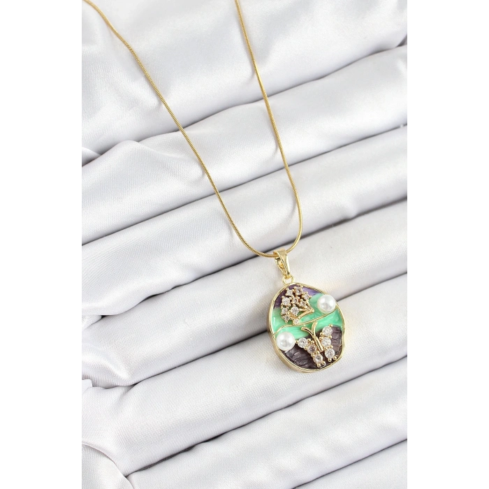 BFS 316L Çelik Zincir Zirkon Taşlı Yeşil Mor Sanatsal Portre İnci Detaylı Ağaç Ve Kelebek Figürlü Model Gold Renk Kadın Kolye