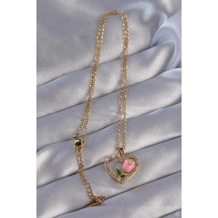 BFS 316L Çelik Zincirli Gold Renk Zirkon Taşlı Kalp İçinde Pembe Gül Tasarımlı Kolye