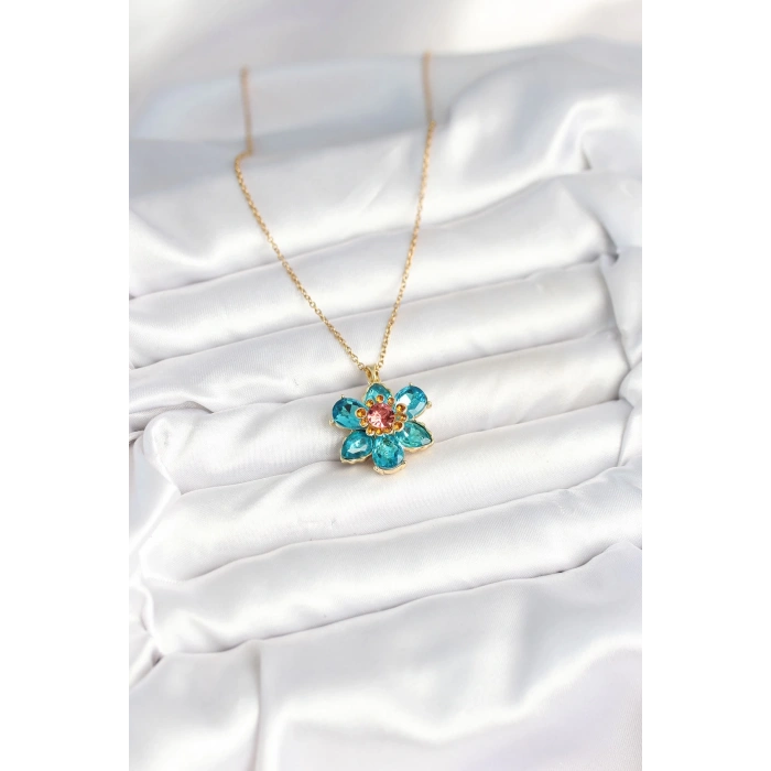 BFS 316L Çelik Zincirli Mavi Çiçek Model Kadın Kolye