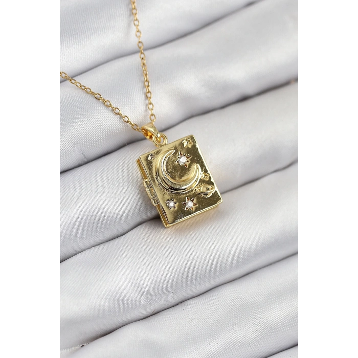 BFS 316L Çelik Zirkon Taşlı Açılabilr Kapaklı Kitap Model Gold Renk Kadın Kolye