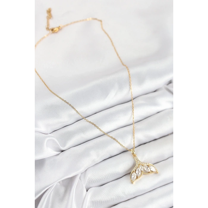 BFS 316L Çelik Zirkon Taşlı Balık Kuyruğu Model Gold Renk Kadın Kolye