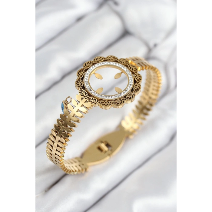 BFS 316L Çelik Zirkon Taşlı Çeyrek Takılabilir Gold Renk Kelepçe