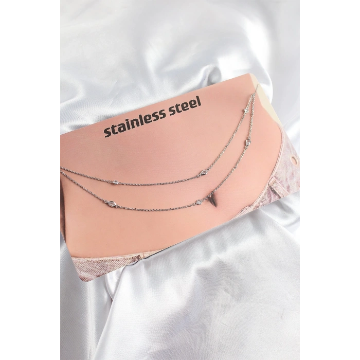 BFS 316L Çelik Zirkon Taşlı Damla Model Gümüş Renk Göbek Bel Zinciri