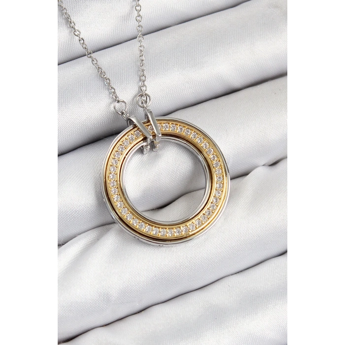 BFS 316L Çelik Zirkon Taşlı Dönen Daire Model Gold Ve Gümüş Renk Kadın Kolye