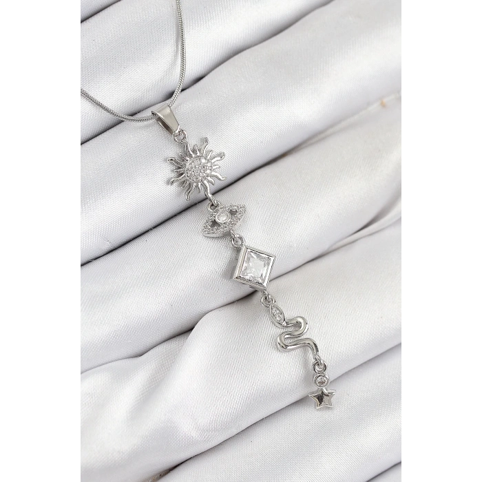 BFS 316L Çelik Zirkon Taşlı Güneş Ve Ay Enerji Model Gümüş Renk Kadın Kolye