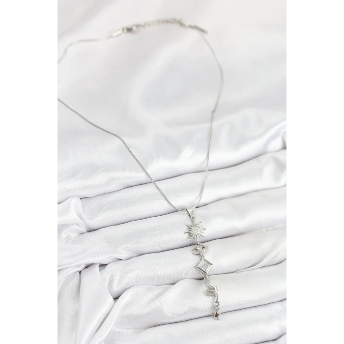 BFS 316L Çelik Zirkon Taşlı Güneş Ve Ay Enerji Model Gümüş Renk Kadın Kolye