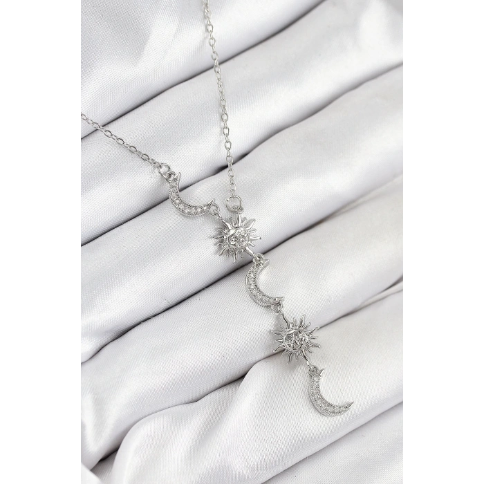 BFS 316L Çelik Zirkon Taşlı Güneş Ve Ay Model Gümüş Renk Kadın Kolye