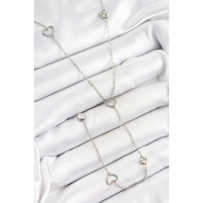 BFS 316L Çelik Zirkon Taşlı Kalp Figürlü Y Model Gümüş Renk Kadın Kolye