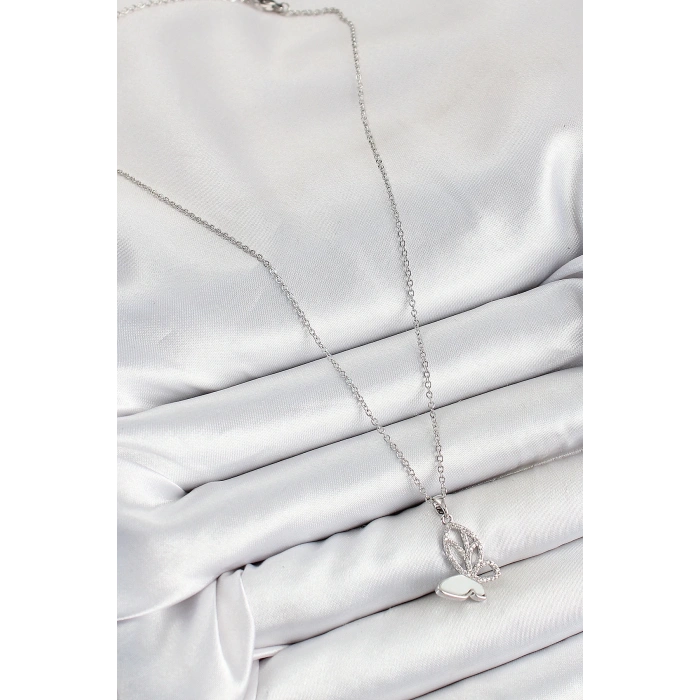 BFS 316L Çelik Zirkon Taşlı Kelebek Model Gümüş Renk Kadın Kolye