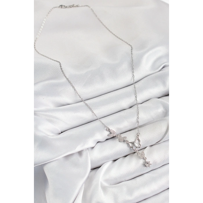 BFS 316L Çelik Zirkon Taşlı Kelebek Model Gümüş Renk Kadın Kolye