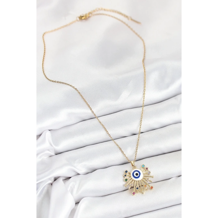BFS 316L Çelik Zirkon Taşlı Nazar Model Gold Renk Kadın Kolye