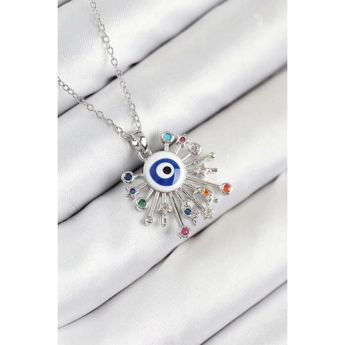 BFS 316L Çelik Zirkon Taşlı Nazar Model Gümüş Renk Kadın Kolye