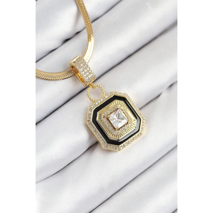 BFS 316L Çelik Zirkon Taşlı Siyah Detaylı Baget Model Gold Renk Kadın Kolye