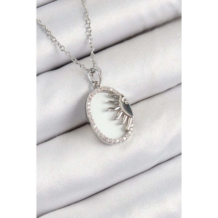 BFS 316L Çelik Zirkon Taşlı Yarım Güneş Model Gümüş Renk Kadın Kolye