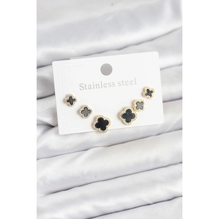 BFS 316L Çelik Zirkon Taşlı Yonca Model Kadın Küpe Seti