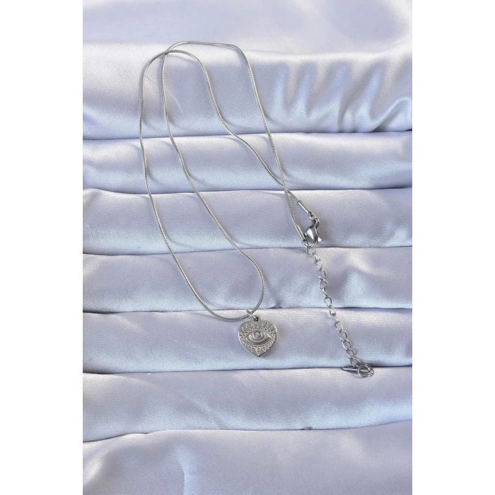 BFS 316L Gümüş Renk Zirkon Taşlı İşlemeli Göz Detay Kalp Kolye